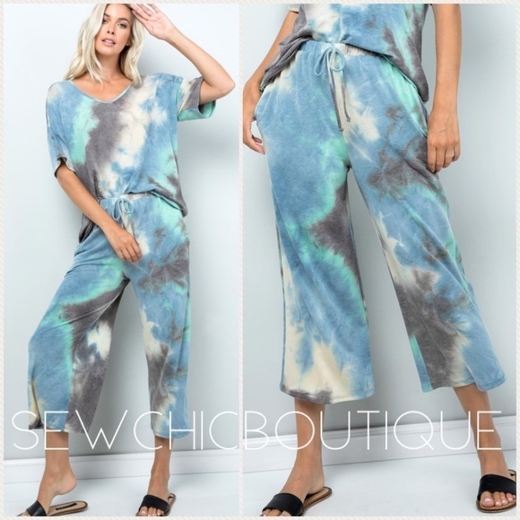 BLUE Charcoal Tie Dye Cropped Wide Leg Pants - Picture 1 of 5